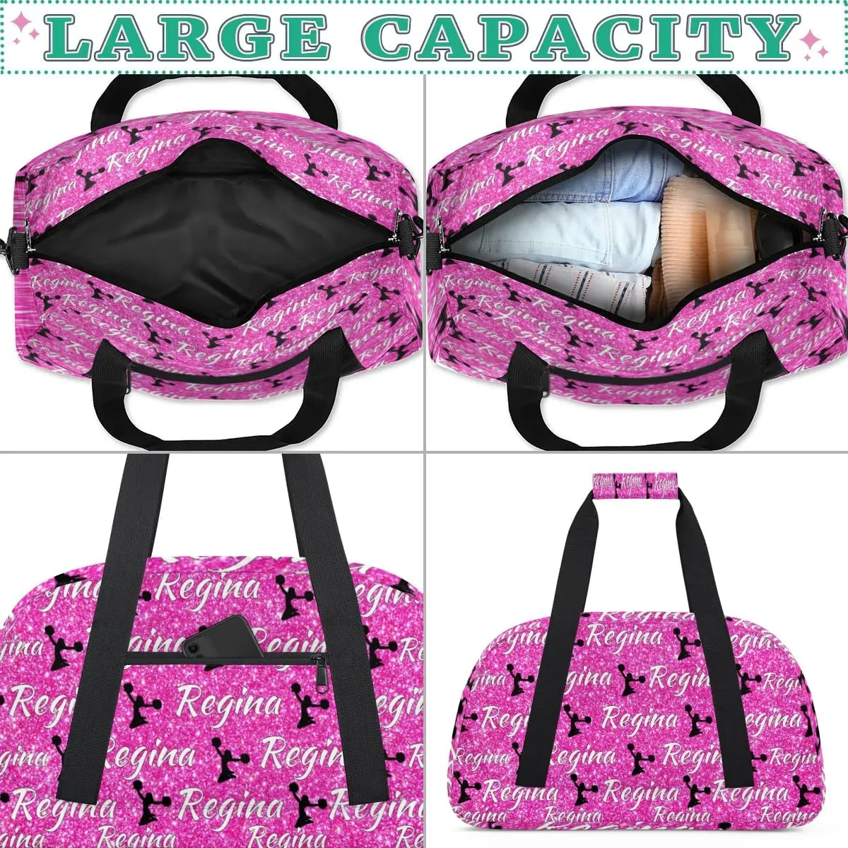 Personalized Dance Duffel Bags Custom Cheer Bag with Name for Sport Events Cheerleader Bag Customized Travel Gym Bag Overnight Weekender Carry-on Bag, Pink Glitter