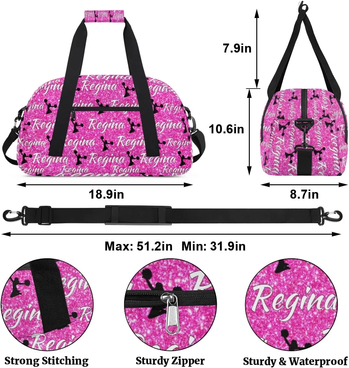 Personalized Dance Duffel Bags Custom Cheer Bag with Name for Sport Events Cheerleader Bag Customized Travel Gym Bag Overnight Weekender Carry-on Bag, Pink Glitter