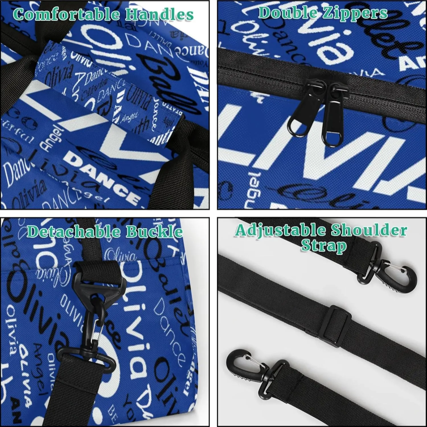 Personalized Name Gym Duffel Overnight Bag, Custom Ballet Dance Bag Weekender Duffel Bags for Travel, Cobalt Blue