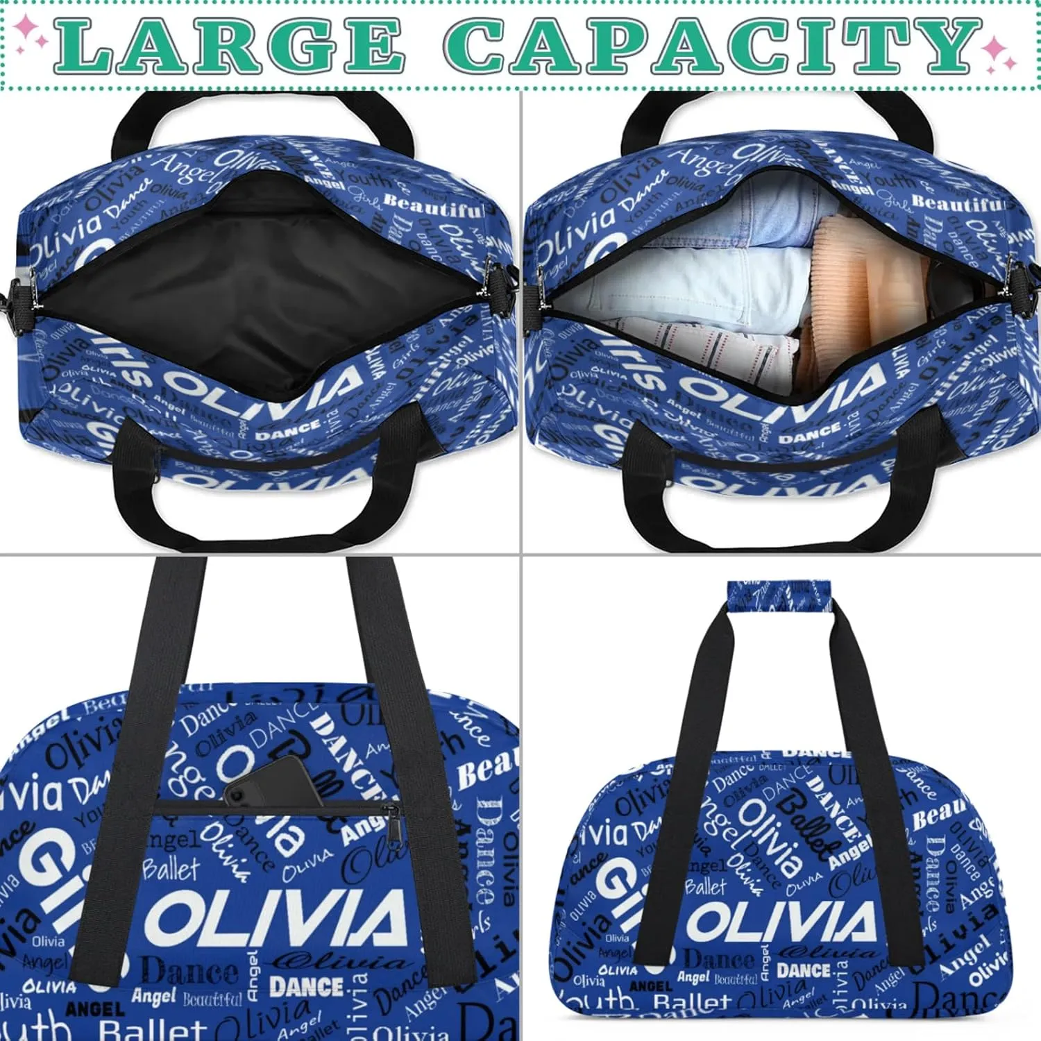 Personalized Name Gym Duffel Overnight Bag, Custom Ballet Dance Bag Weekender Duffel Bags for Travel, Cobalt Blue