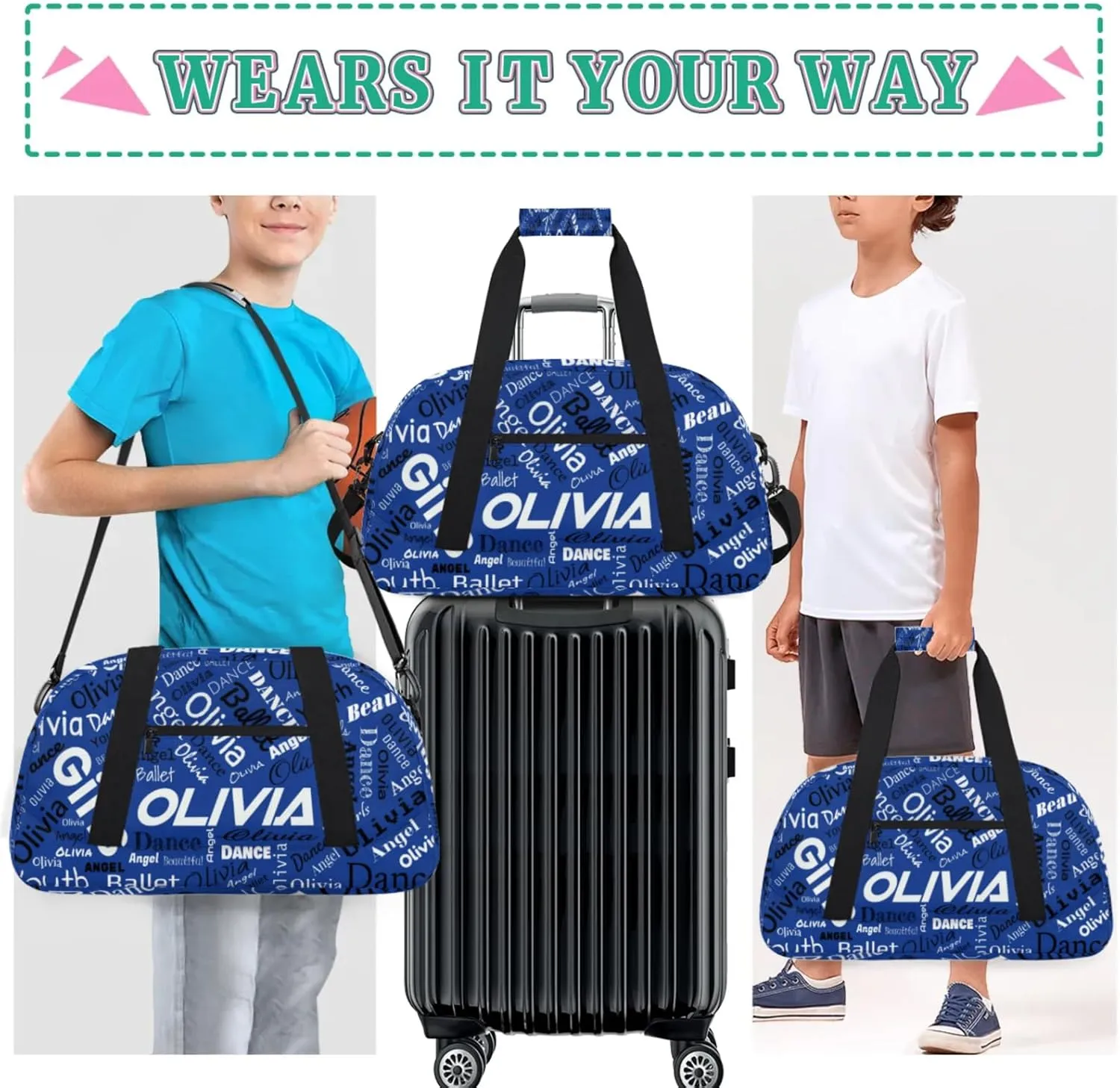 Personalized Name Gym Duffel Overnight Bag, Custom Ballet Dance Bag Weekender Duffel Bags for Travel, Cobalt Blue