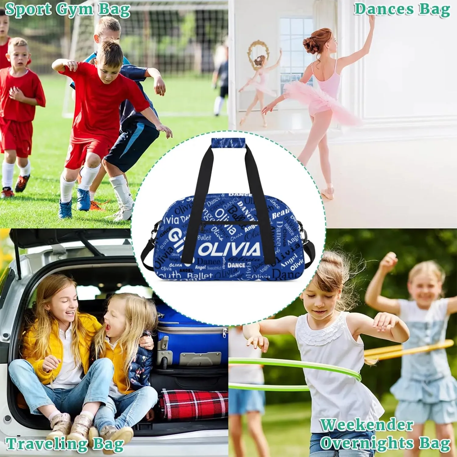 Personalized Name Gym Duffel Overnight Bag, Custom Ballet Dance Bag Weekender Duffel Bags for Travel, Cobalt Blue