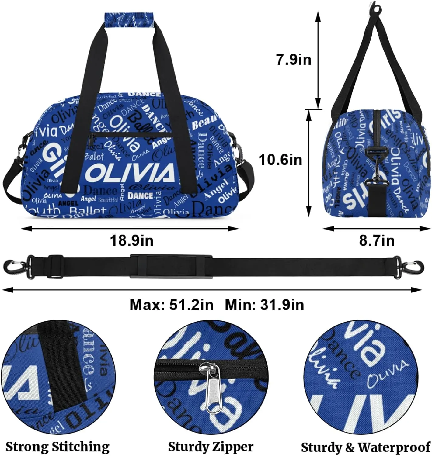 Personalized Name Gym Duffel Overnight Bag, Custom Ballet Dance Bag Weekender Duffel Bags for Travel, Cobalt Blue