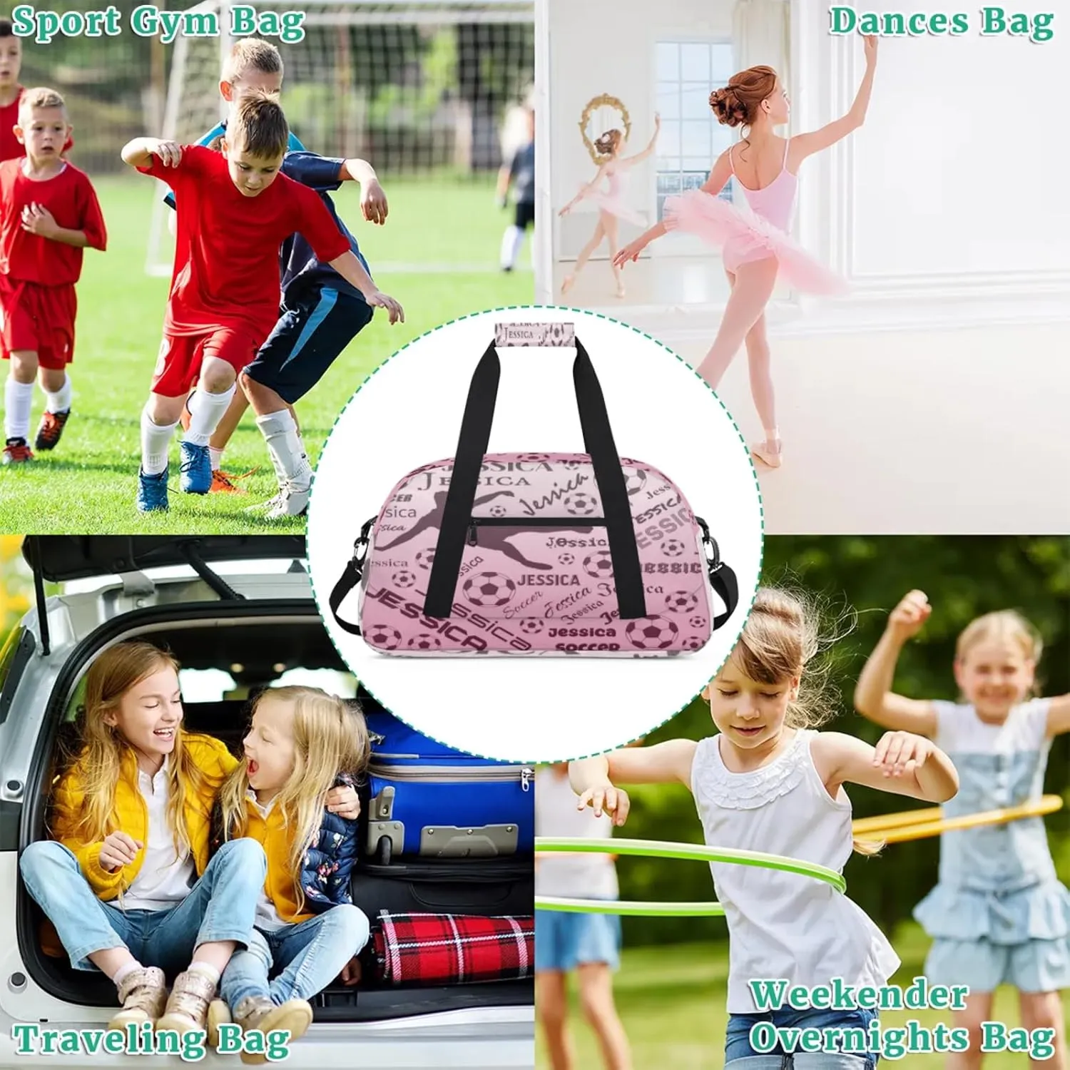 Personalized Soccer Sports Duffel Bag for Women, Custom Travel Gym Bags Birthday Gifts with Your Name, Cheer Dance Overnight Weekender Bag Dark Pink Gradient