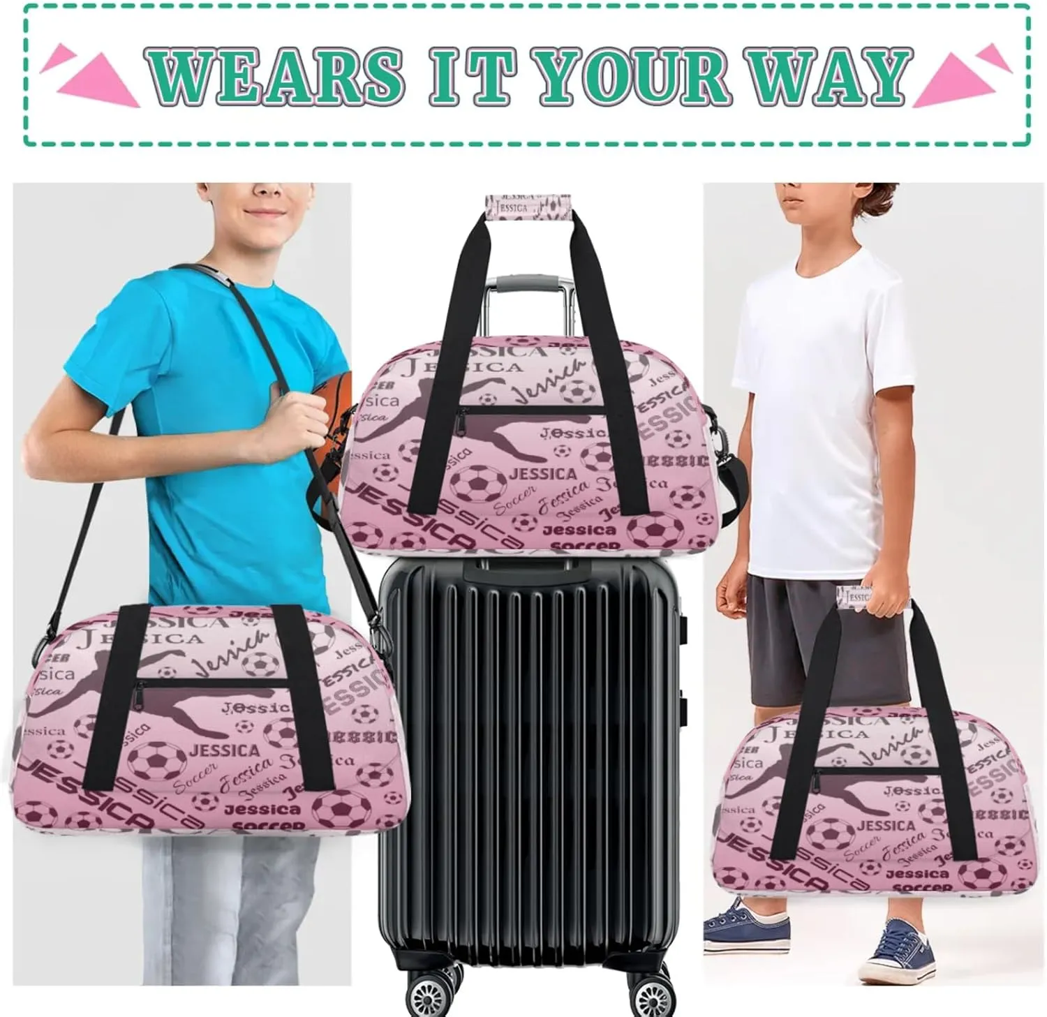 Personalized Soccer Sports Duffel Bag for Women, Custom Travel Gym Bags Birthday Gifts with Your Name, Cheer Dance Overnight Weekender Bag Dark Pink Gradient