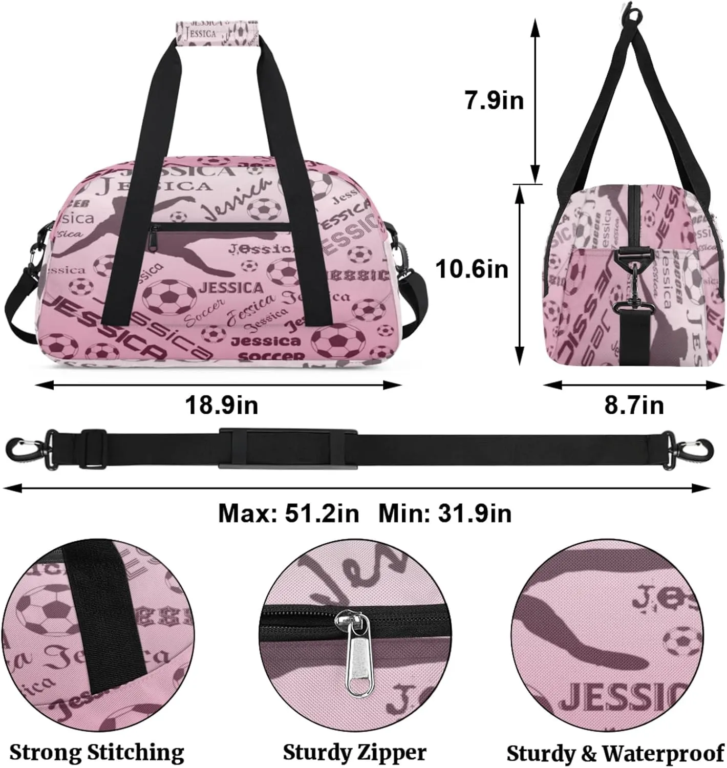 Personalized Soccer Sports Duffel Bag for Women, Custom Travel Gym Bags Birthday Gifts with Your Name, Cheer Dance Overnight Weekender Bag Dark Pink Gradient