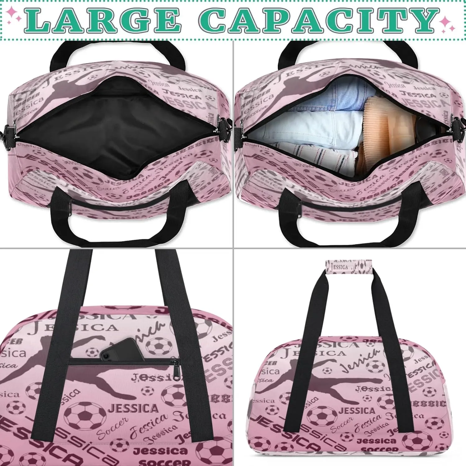 Personalized Soccer Sports Duffel Bag for Women, Custom Travel Gym Bags Birthday Gifts with Your Name, Cheer Dance Overnight Weekender Bag Dark Pink Gradient