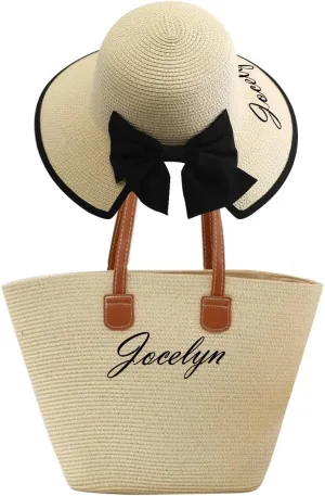 Personalized Women Straw Hat and Tote Bag Set,Custom Name Wide Brim Sun Hat Summer Foldable Floppy Beach Bag Travel Vacation