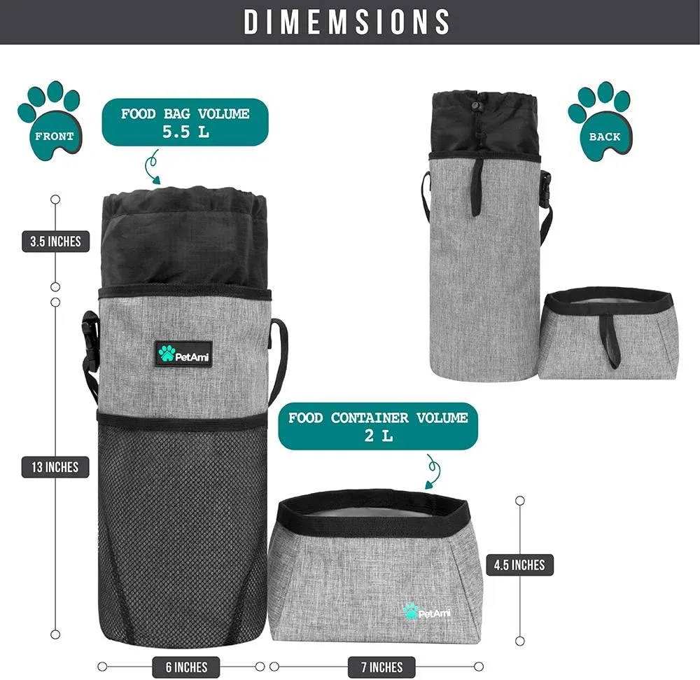PetAmi Travel Dog Food Bag Pet Collapsible Dog Bowls Set, Dog Kibble Bag, Pet Food Water Bowls for Dogs Cats, Foldable Waterproof Dog Camping Bowls Cup Dish Accessories for Hiking, Heather Gray