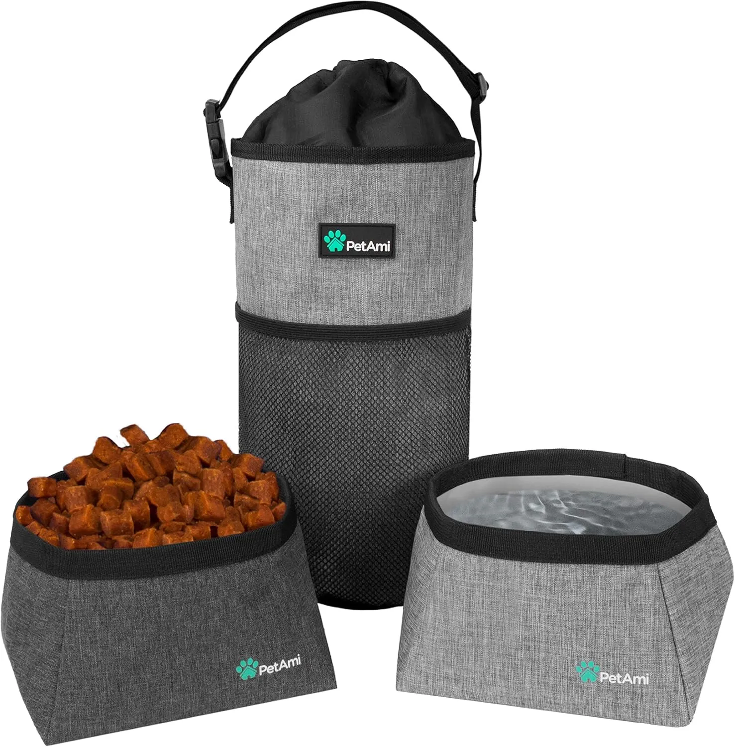 PetAmi Travel Dog Food Bag Pet Collapsible Dog Bowls Set, Dog Kibble Bag, Pet Food Water Bowls for Dogs Cats, Foldable Waterproof Dog Camping Bowls Cup Dish Accessories for Hiking, Heather Gray