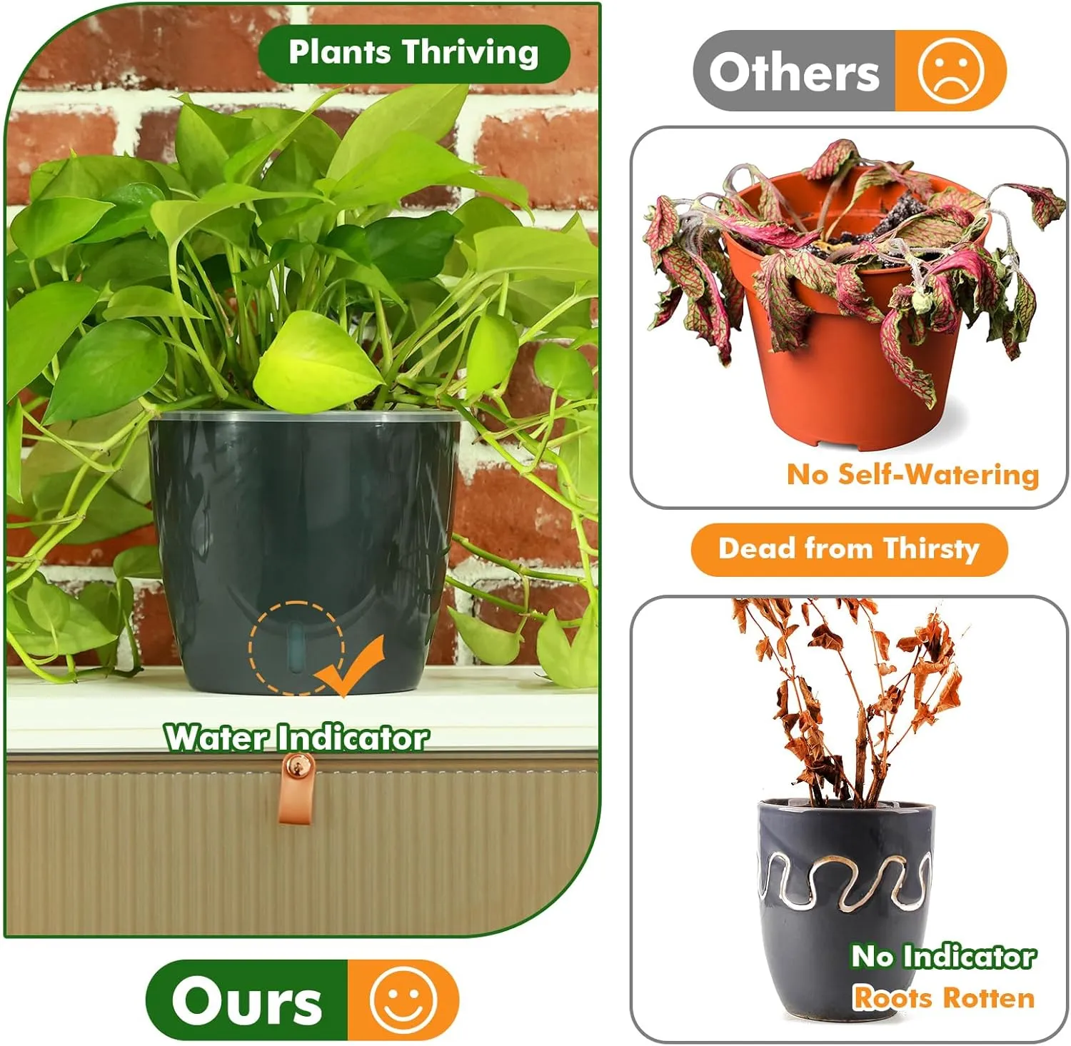 Planterhoma 5 Inch Self Watering Pots for Indoor Plants, 6 Packs African Violet Pots with Indicator, Black Wick Pot with Drainage Holes, Self Watering Planters for Orchid, Devil's Ivy, Grey
