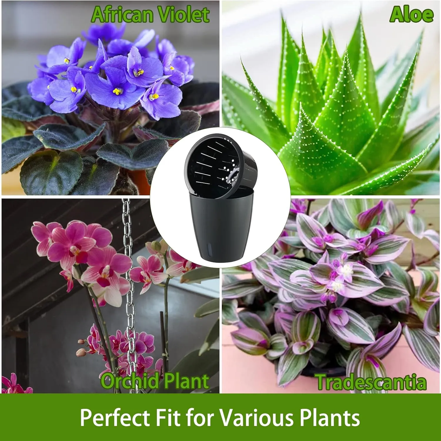 Planterhoma 5 Inch Self Watering Pots for Indoor Plants, 6 Packs African Violet Pots with Indicator, Black Wick Pot with Drainage Holes, Self Watering Planters for Orchid, Devil's Ivy, Grey