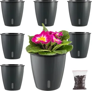Planterhoma 5 Inch Self Watering Pots for Indoor Plants, 6 Packs African Violet Pots with Indicator, Black Wick Pot with Drainage Holes, Self Watering Planters for Orchid, Devil's Ivy, Grey