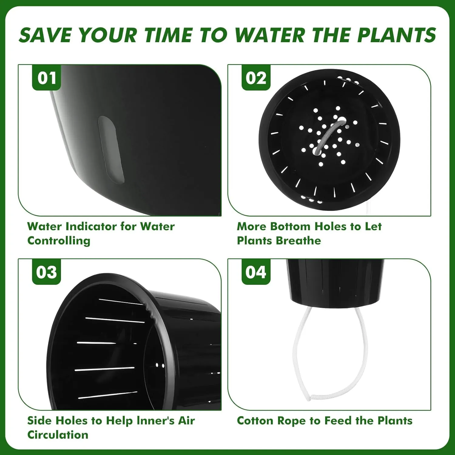 Planterhoma 5 Inch Self Watering Pots for Indoor Plants, 6 Packs African Violet Pots with Indicator, Black Wick Pot with Drainage Holes, Self Watering Planters for Orchid, Devil's Ivy, Grey