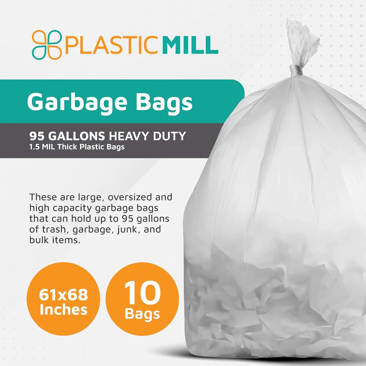 PlasticMill Heavy Duty Clear Garbage Bags for Large Rolling Bins - 95-Gallon, 1.5 Mil, 61"x68" (10-Count)