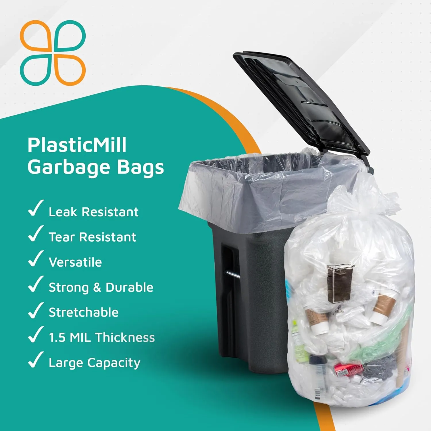 PlasticMill Heavy Duty Clear Garbage Bags for Large Rolling Bins - 95-Gallon, 1.5 Mil, 61"x68" (10-Count)