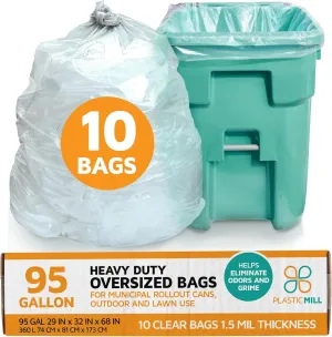 PlasticMill Heavy Duty Clear Garbage Bags for Large Rolling Bins - 95-Gallon, 1.5 Mil, 61"x68" (10-Count)