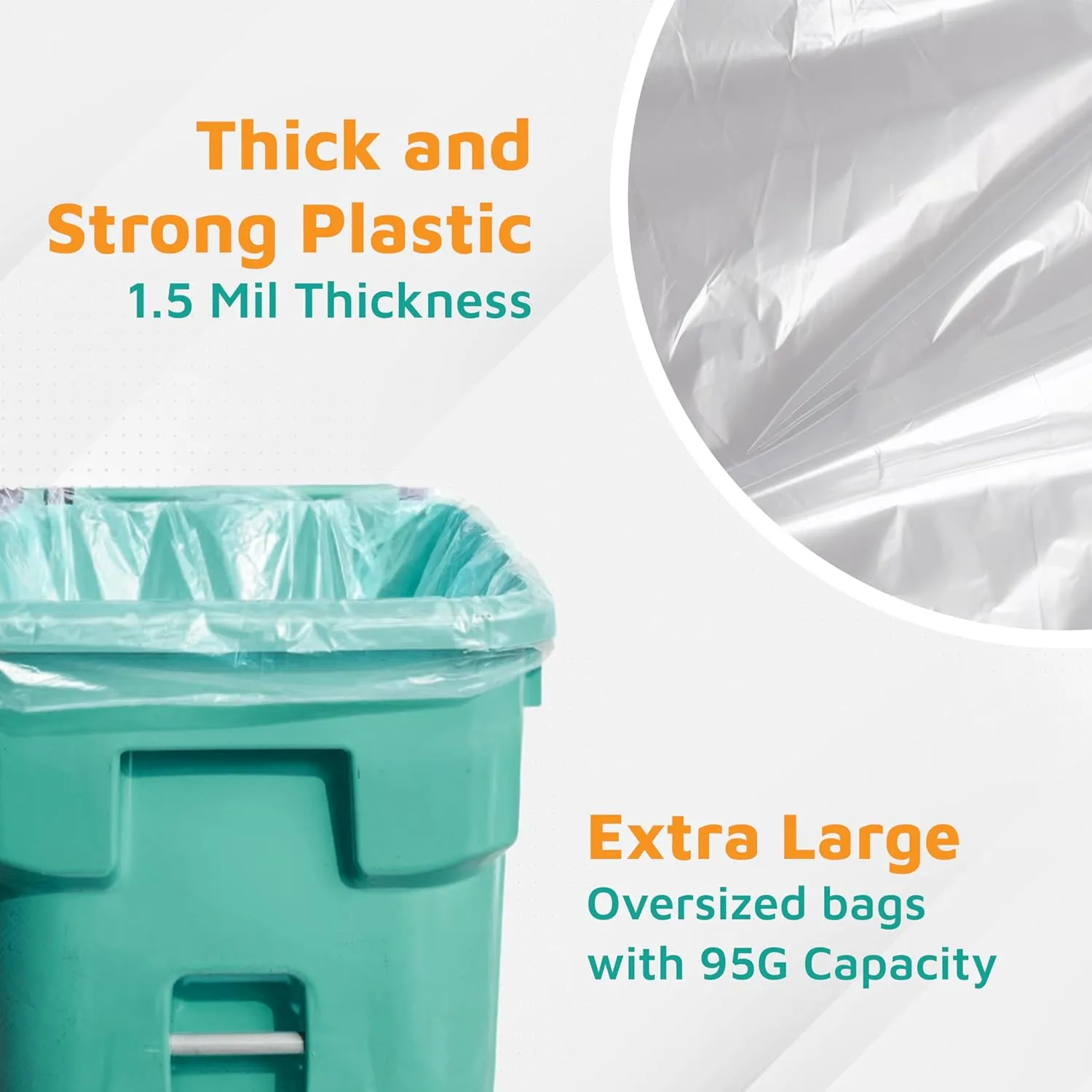 PlasticMill Heavy Duty Clear Garbage Bags for Large Rolling Bins - 95-Gallon, 1.5 Mil, 61"x68" (10-Count)