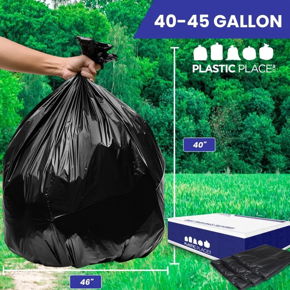Plasticplace Heavy Duty Trash Bags: 40-45 Gallon Black Trash Bags, 1.5 Mil, 40"x46" Size, Heavy Duty Black Garbage Bags (100 Count)
