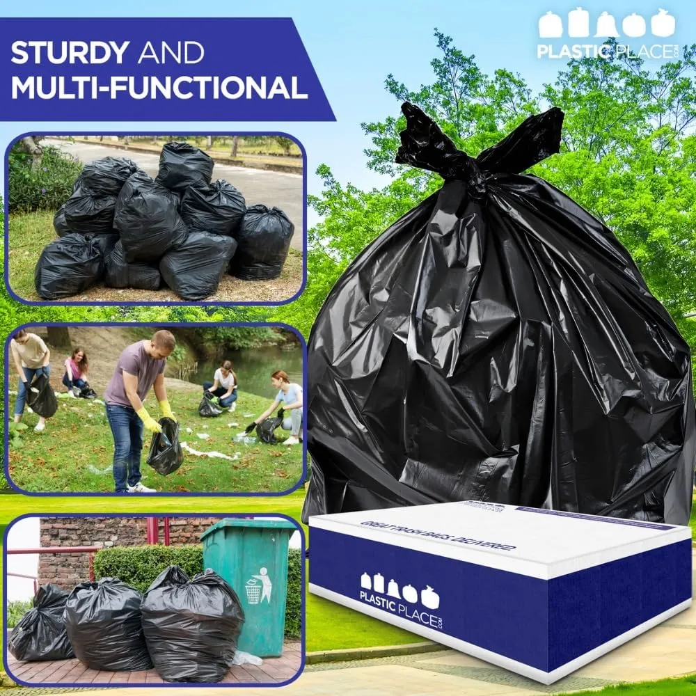 Plasticplace Heavy Duty Trash Bags: 40-45 Gallon Black Trash Bags, 1.5 Mil, 40"x46" Size, Heavy Duty Black Garbage Bags (100 Count)