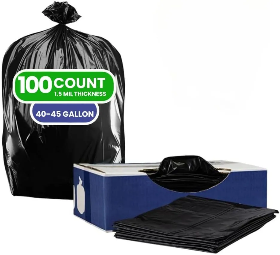 Plasticplace Heavy Duty Trash Bags: 40-45 Gallon Black Trash Bags, 1.5 Mil, 40"x46" Size, Heavy Duty Black Garbage Bags (100 Count)
