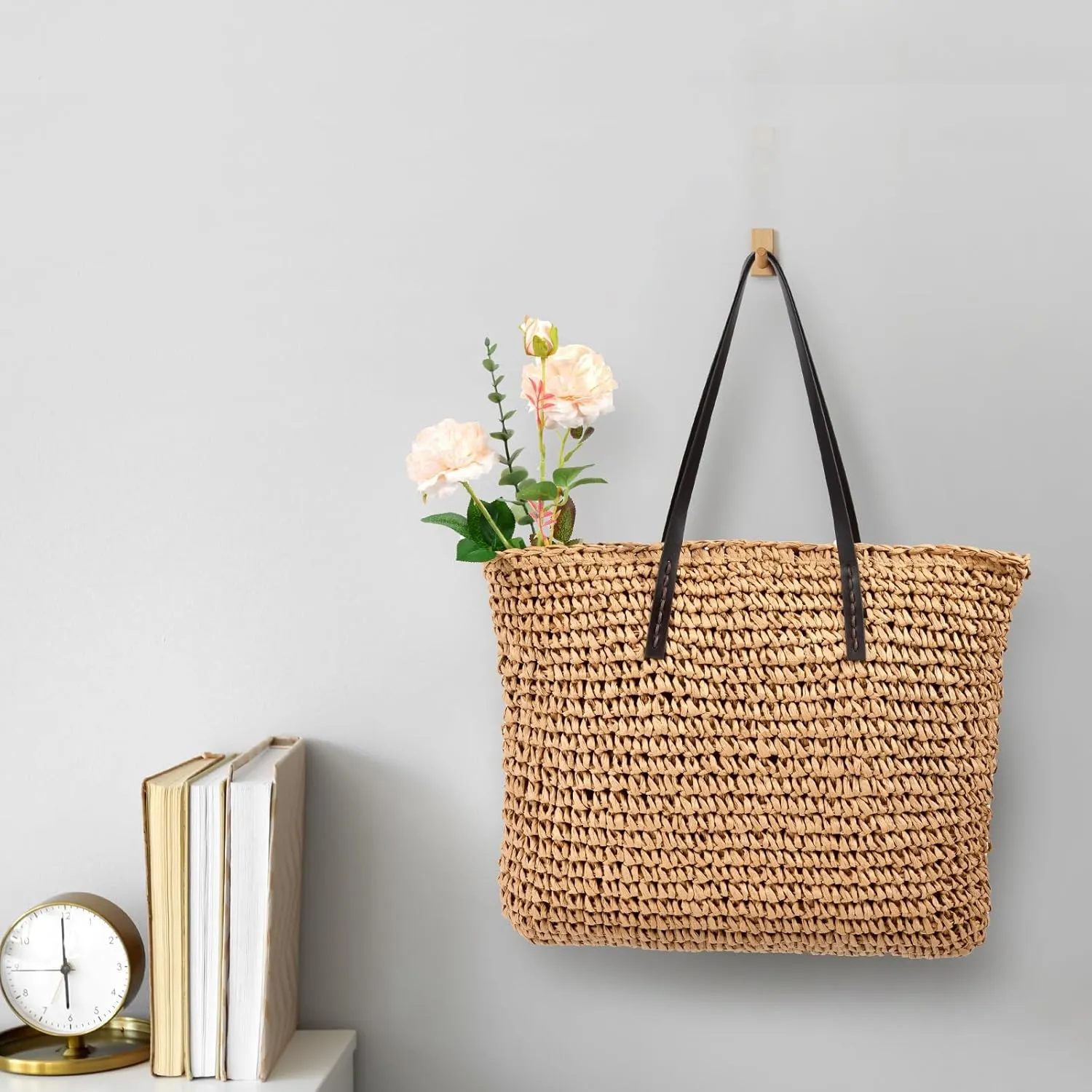 Pleneal Straw Beach Bags for Women - Women Beach Handmade Woven Tote Bag, Summer Mesh Hollow Shoulder Bag for Holiday