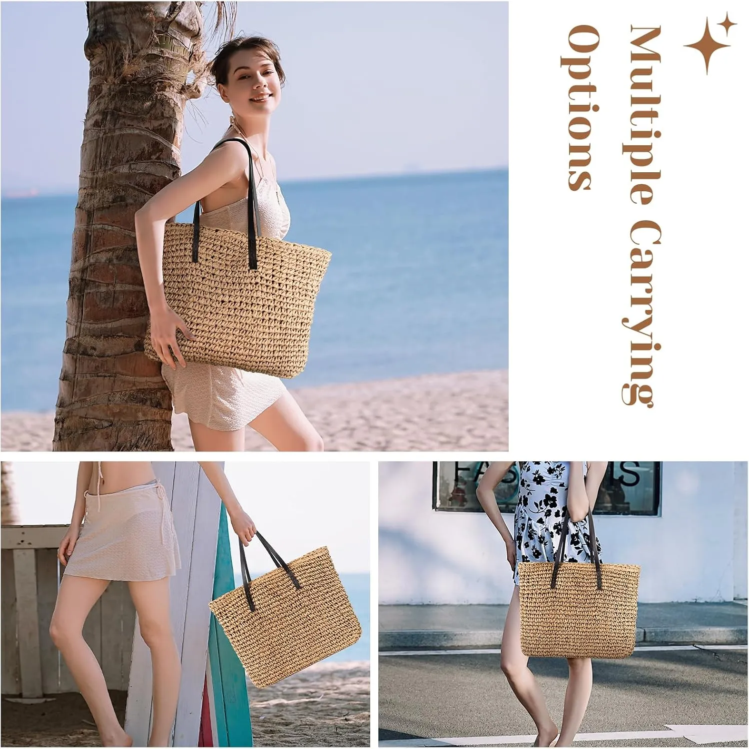 Pleneal Straw Beach Bags for Women - Women Beach Handmade Woven Tote Bag, Summer Mesh Hollow Shoulder Bag for Holiday