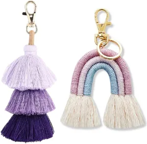 Pom Pom Boho Macrame Weaving Rainbow Tassel Keychains Car Keyring Bag Charm for Girls Woman Pack OF 2