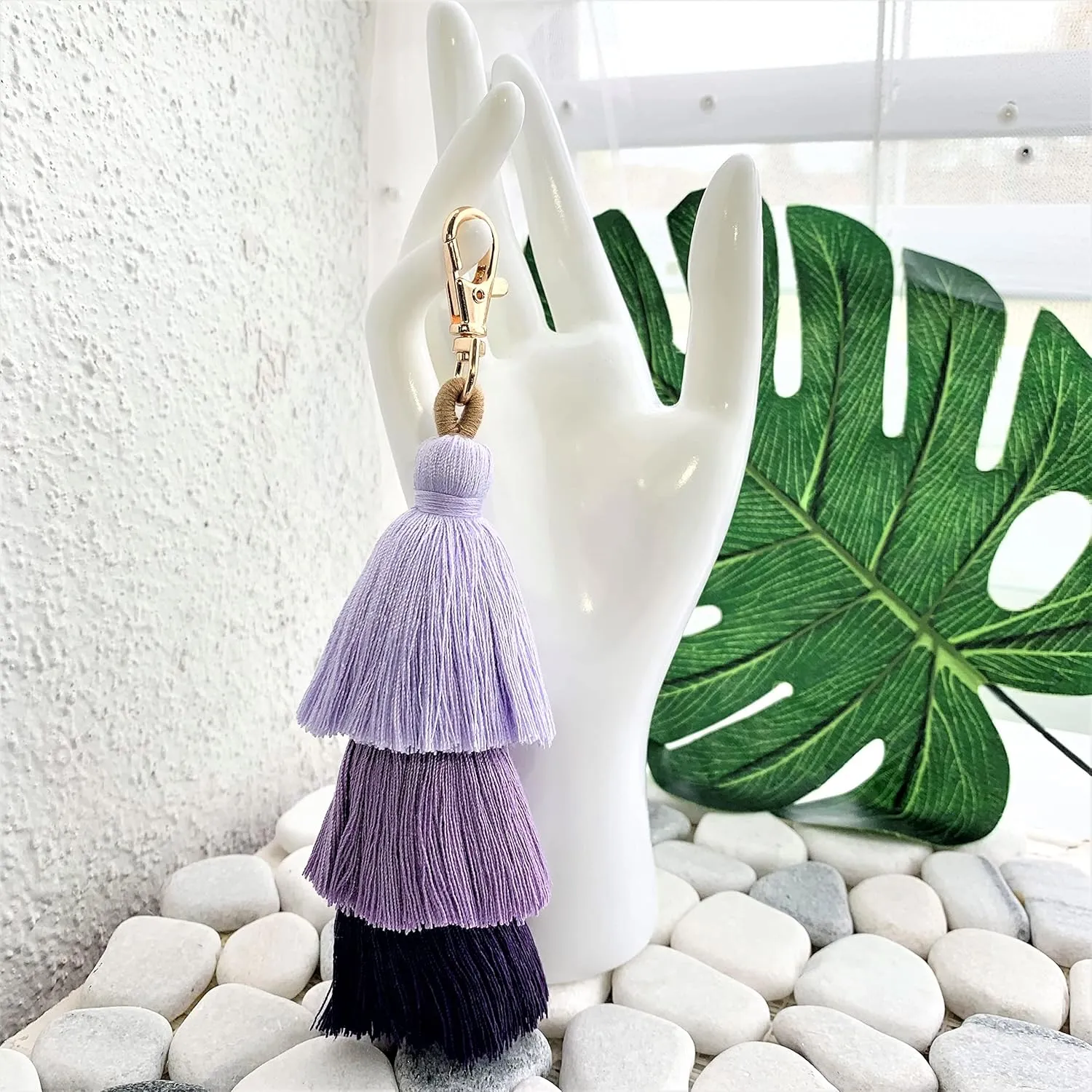 Pom Pom Boho Macrame Weaving Rainbow Tassel Keychains Car Keyring Bag Charm for Girls Woman Pack OF 2