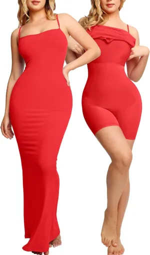 Popilush Summer Maxi Dress for Women - Cocktail Shapewear Dresses Built-in Bra Adjustable Straps Vacation Long Slip