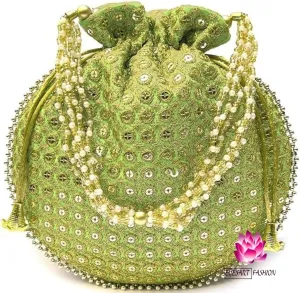 Potli Bag For Women Ethnic Designer Embroidery Work Batwa Pearls Handle With Intricate Bridal Drawstring Stylish Bridal Women