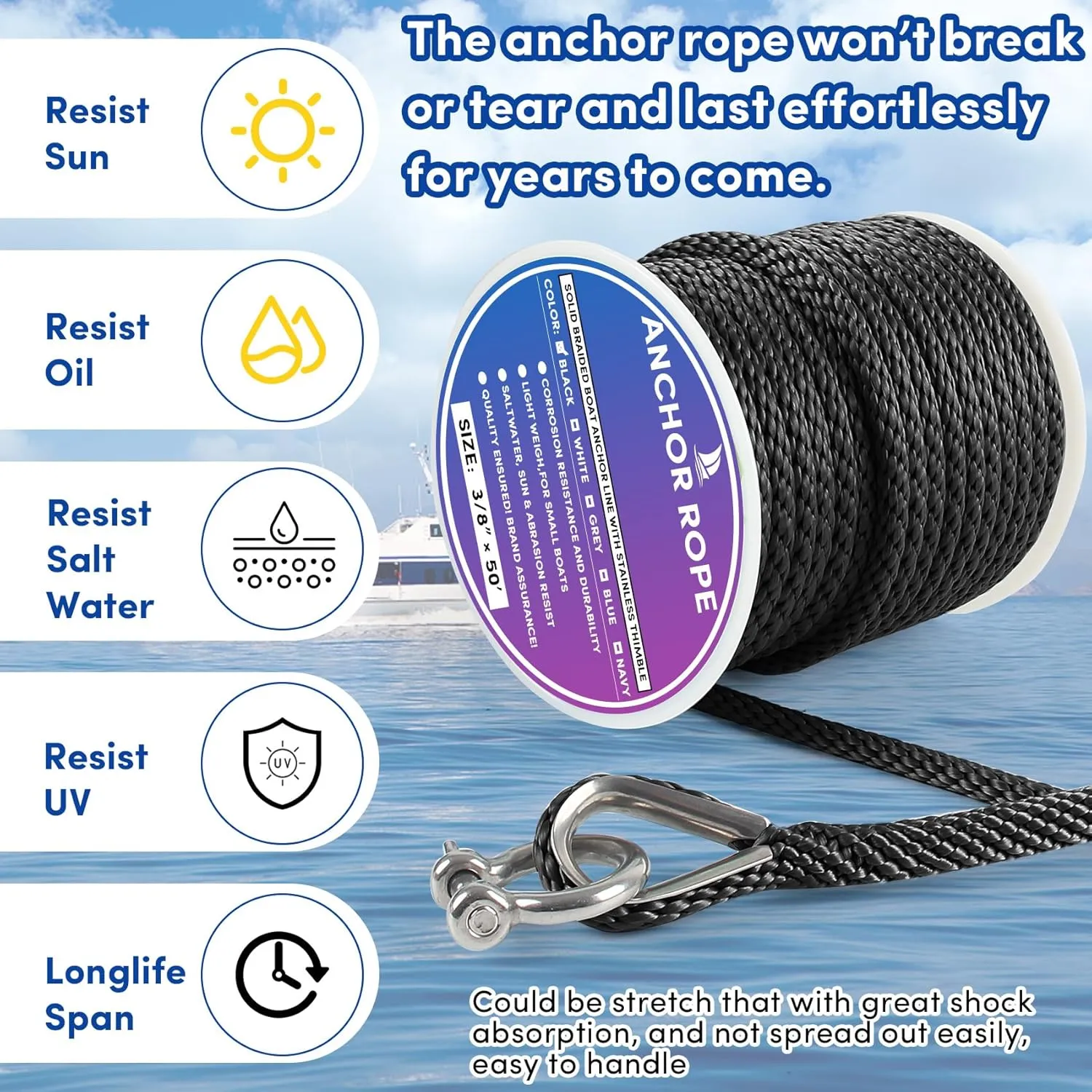 Premium Anchor Rope 50 ft x 3/8 inch, Solid Braid MFP Anchor Line Boat Rope with Thimble & Shackle - Black