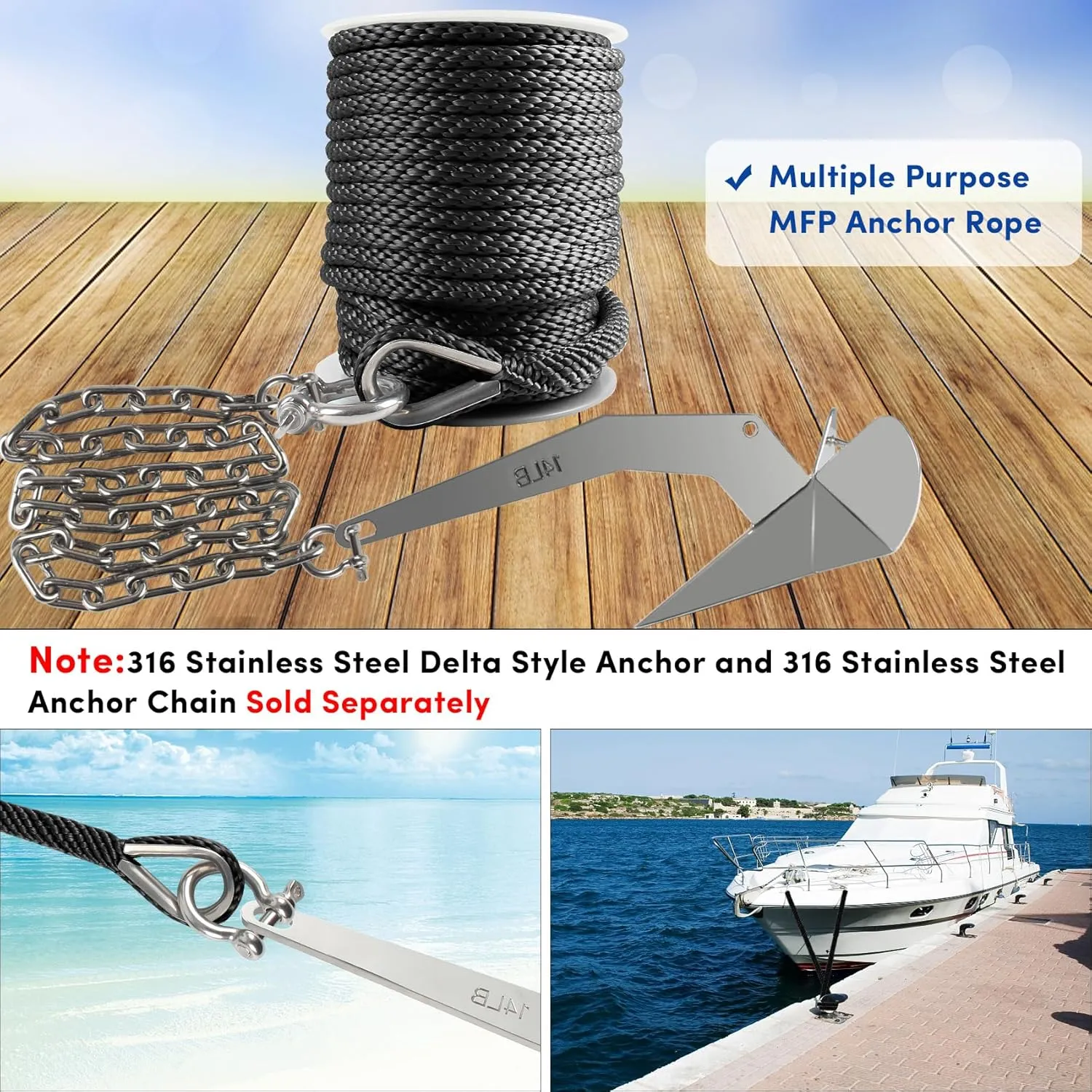 Premium Anchor Rope 50 ft x 3/8 inch, Solid Braid MFP Anchor Line Boat Rope with Thimble & Shackle - Black