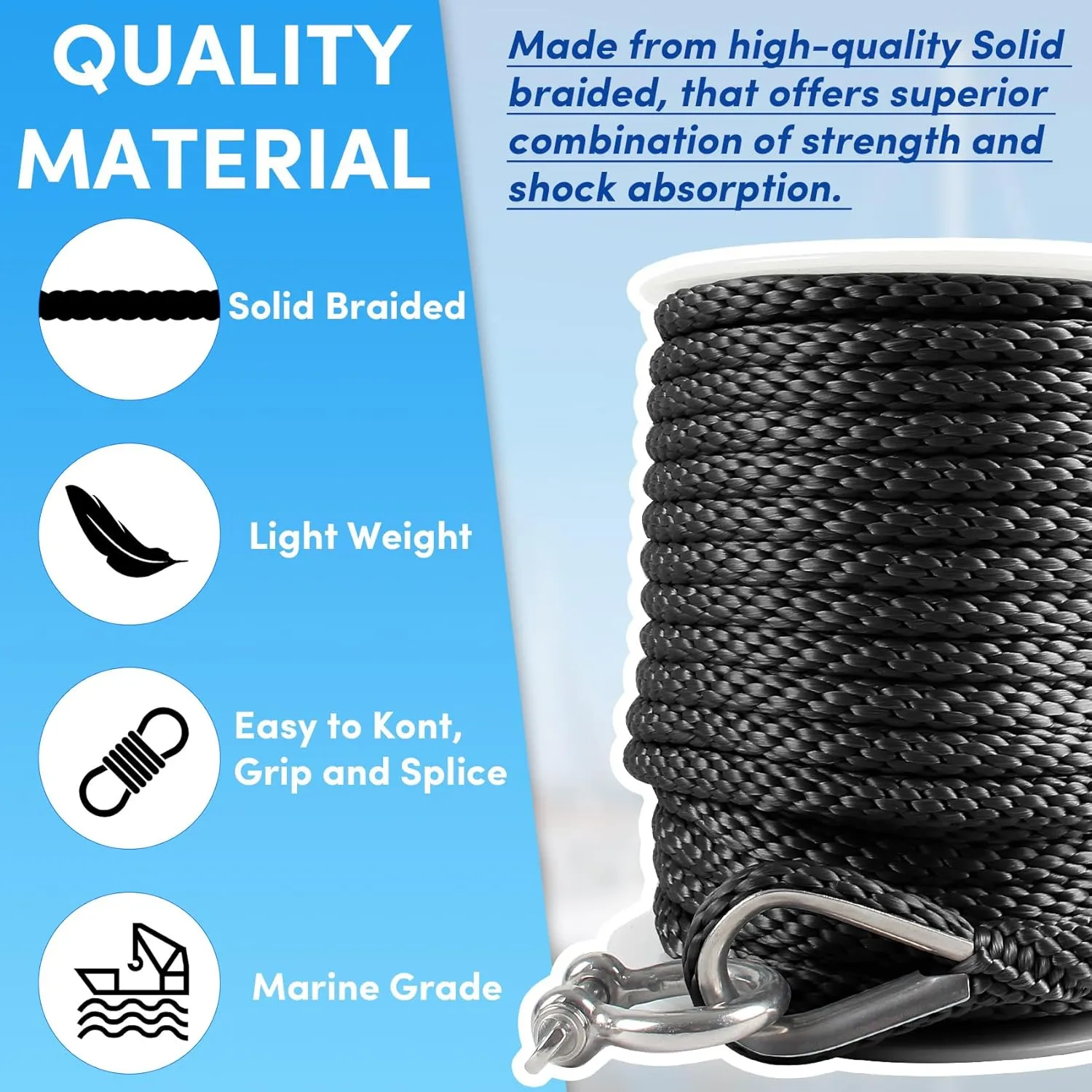 Premium Anchor Rope 50 ft x 3/8 inch, Solid Braid MFP Anchor Line Boat Rope with Thimble & Shackle - Black