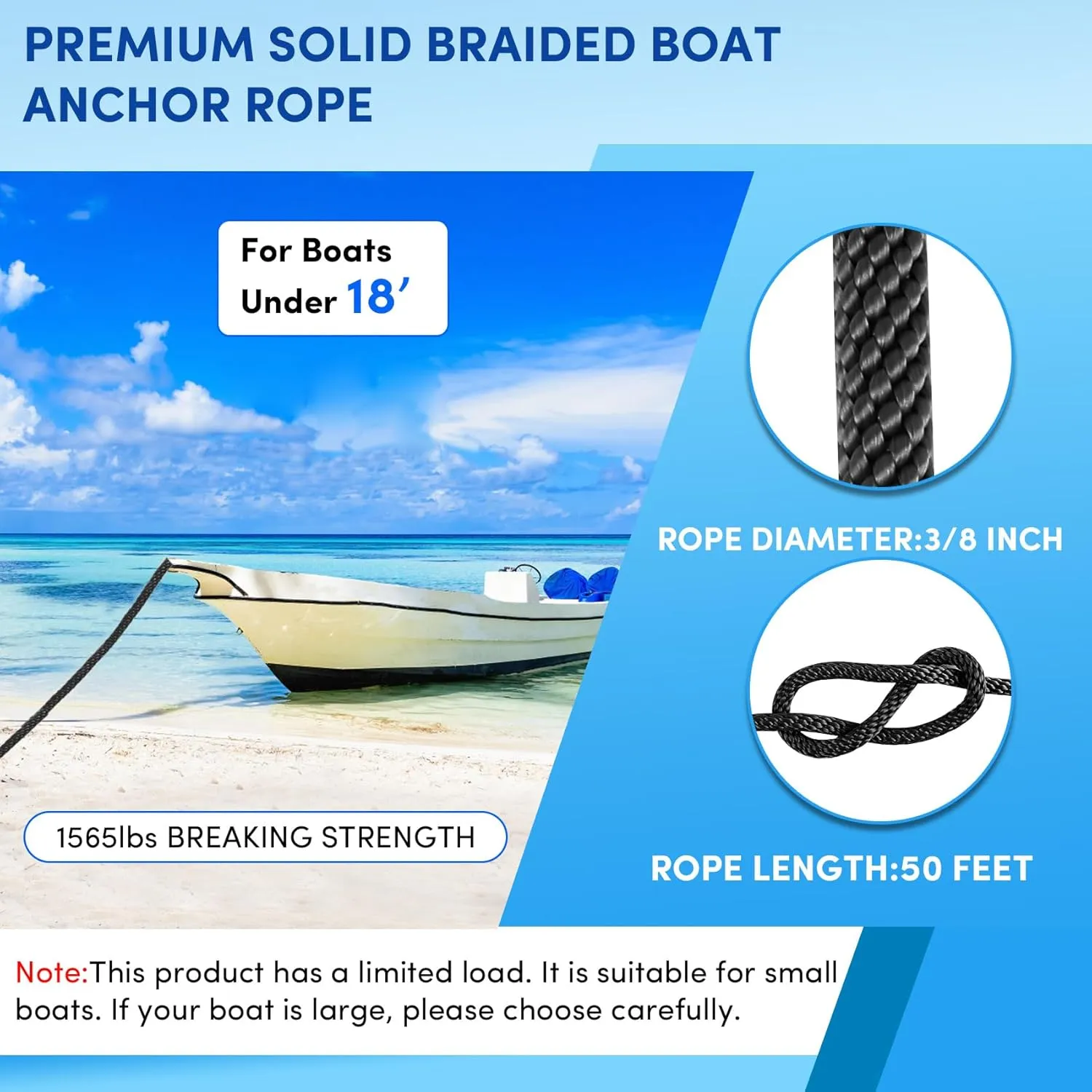 Premium Anchor Rope 50 ft x 3/8 inch, Solid Braid MFP Anchor Line Boat Rope with Thimble & Shackle - Black