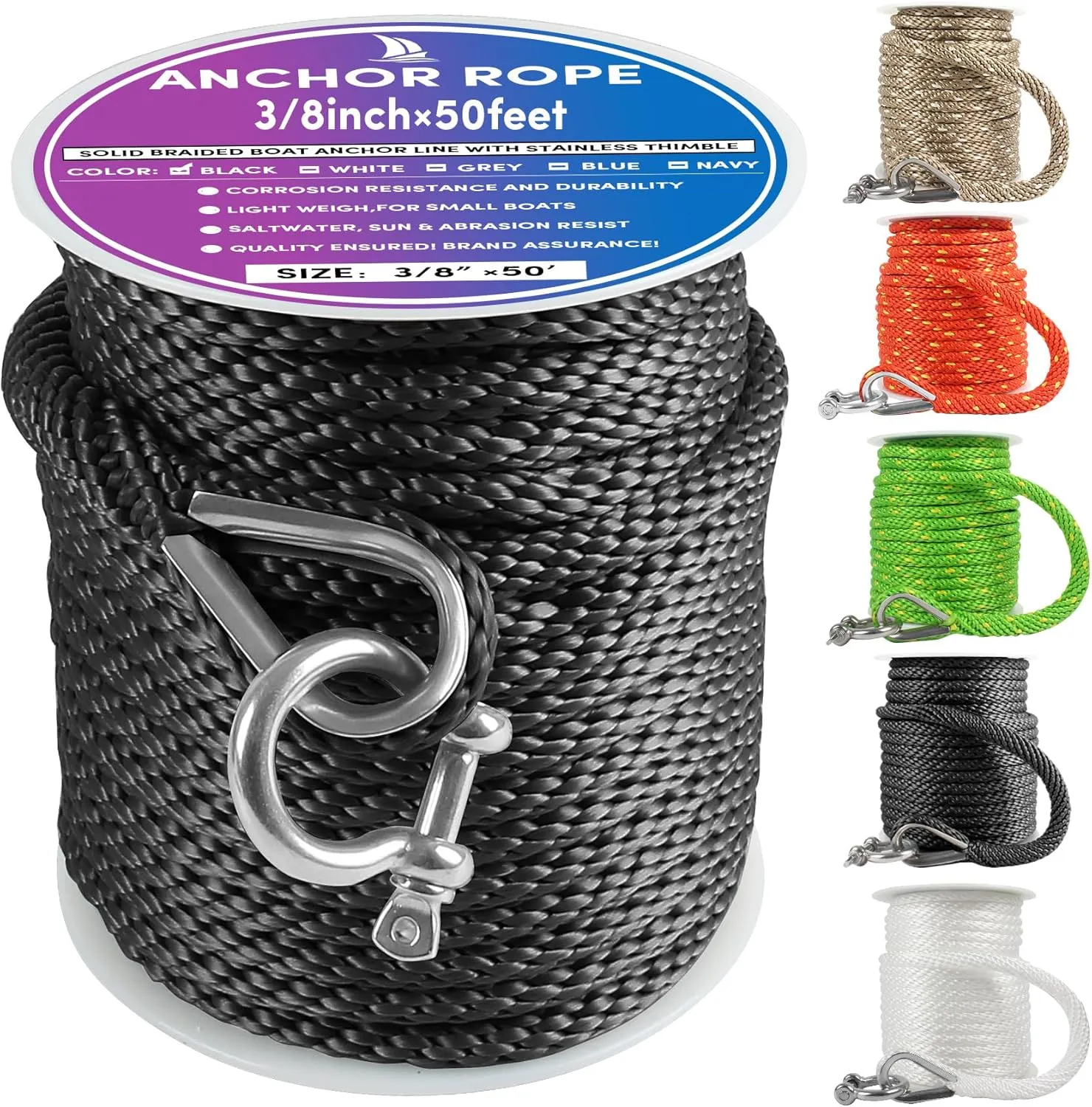 Premium Anchor Rope 50 ft x 3/8 inch, Solid Braid MFP Anchor Line Boat Rope with Thimble & Shackle - Black