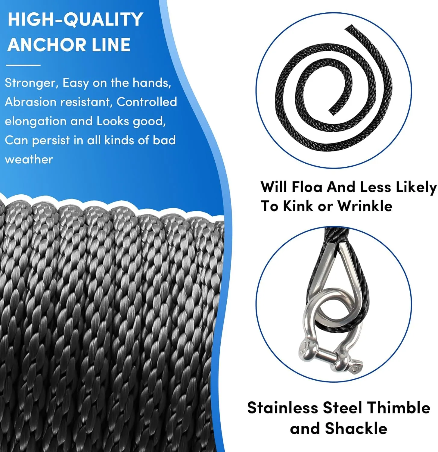 Premium Anchor Rope 50 ft x 3/8 inch, Solid Braid MFP Anchor Line Boat Rope with Thimble & Shackle - Black