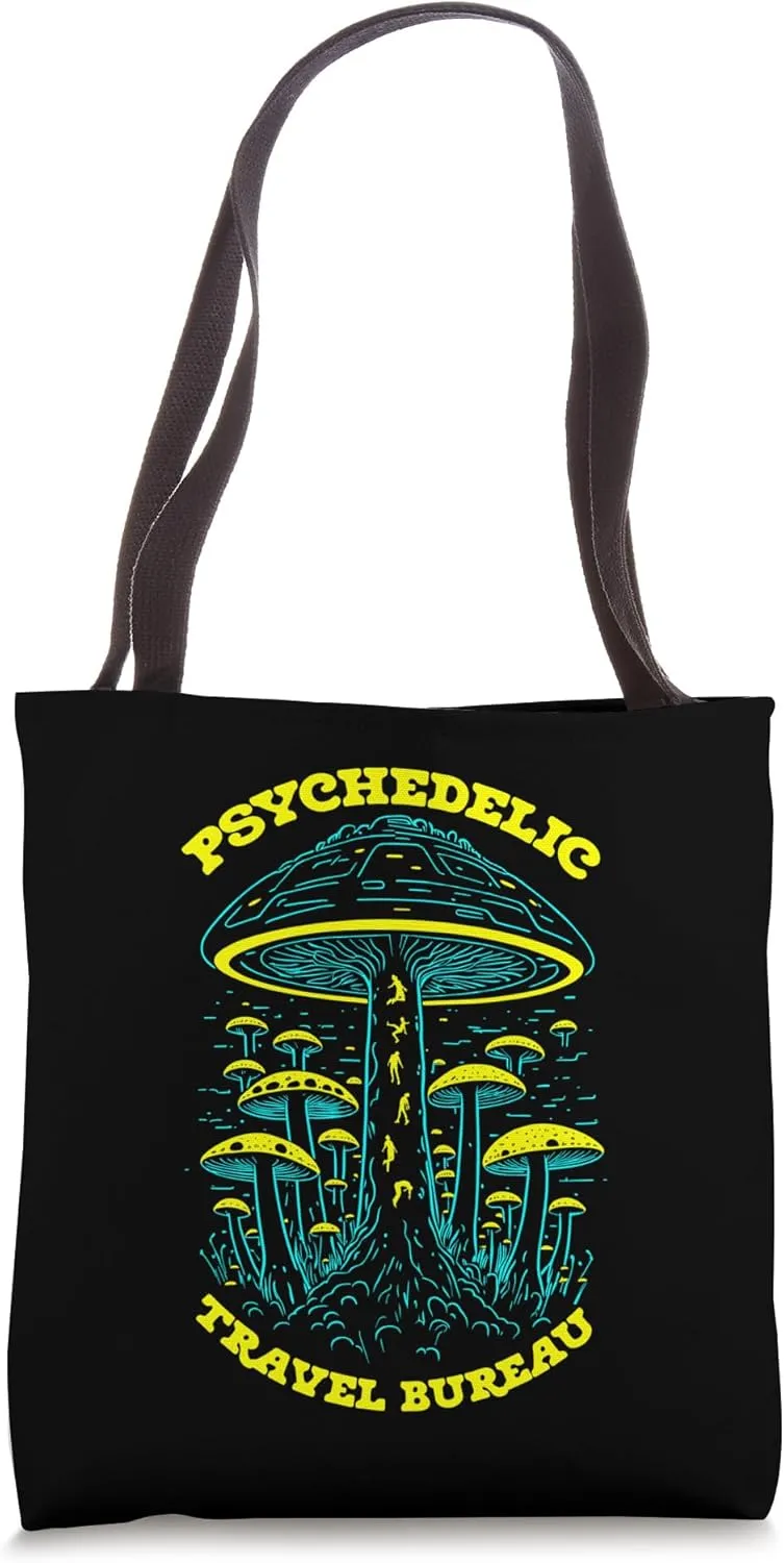 Psychedelic Travel Bureau Funny Magic Mushroom Alien UFO Tote Bag