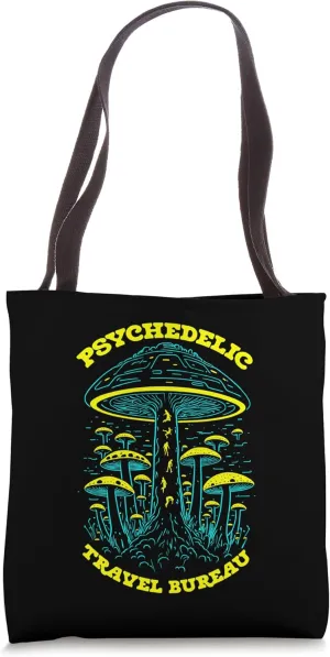 Psychedelic Travel Bureau Funny Magic Mushroom Alien UFO Tote Bag