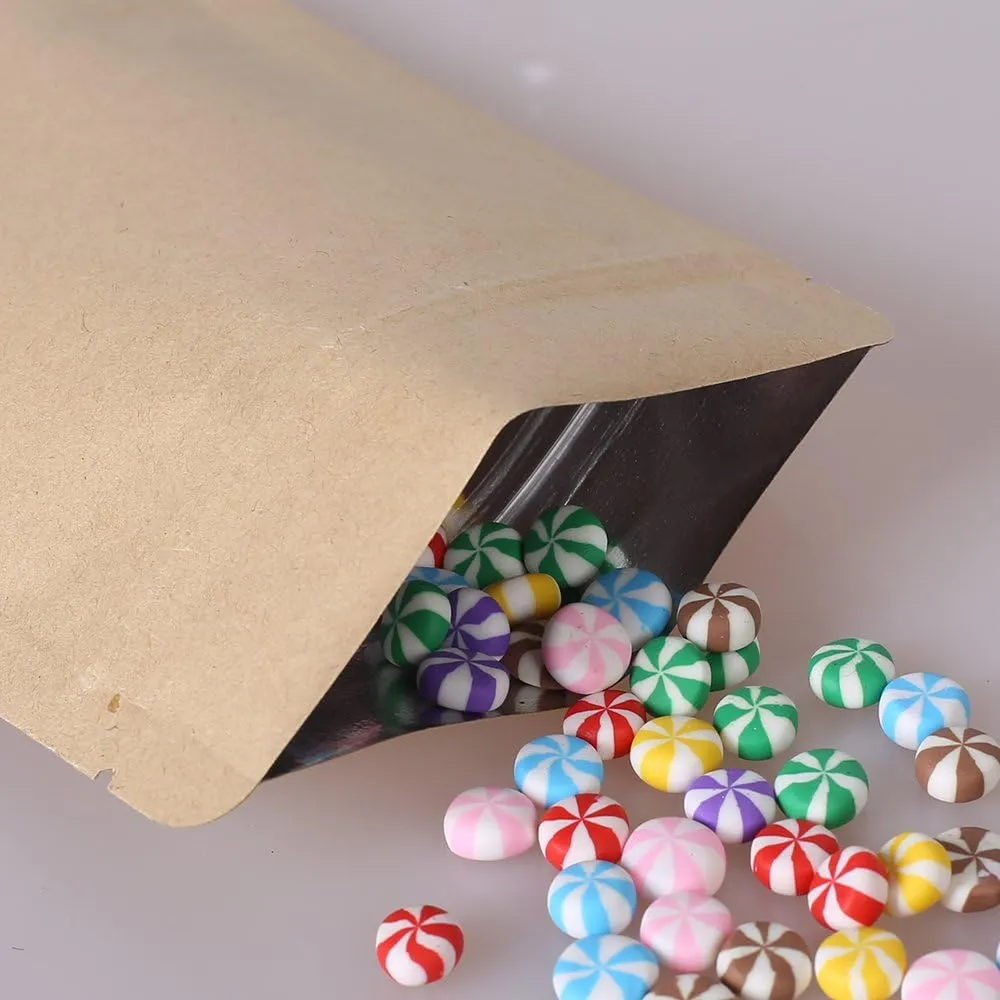 QQ Studio Resealable Kraft Mylar Heat Sealable Bags (100 Bags) (Brown Ziplock, 4.3" x 7.1" (11cm x 18cm)