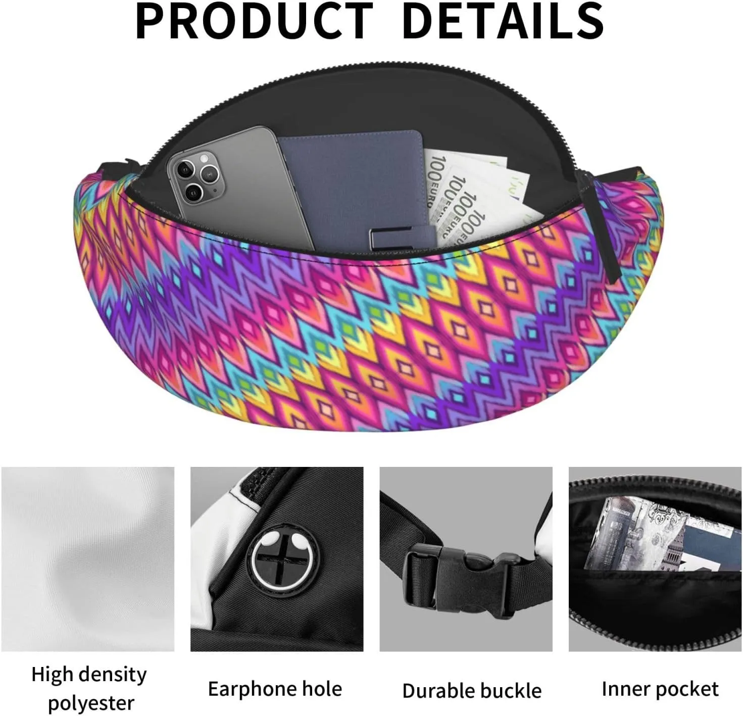 Rainbow Geometry Fanny Pack Waist Bag Adjustable Belt Bag For Men Women Traveling Hiking Cycling Running