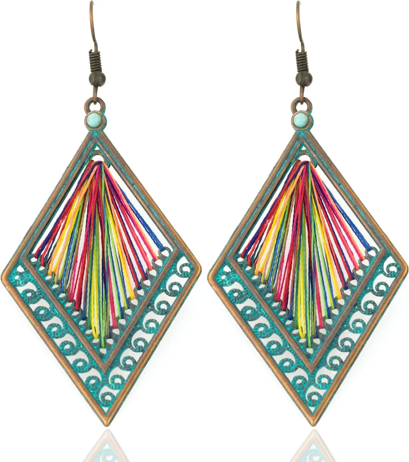 Rainbow Thread Geometric Dangle Earrings: Bronze & Teal Bohemian Multi Color Jewelry for Women
