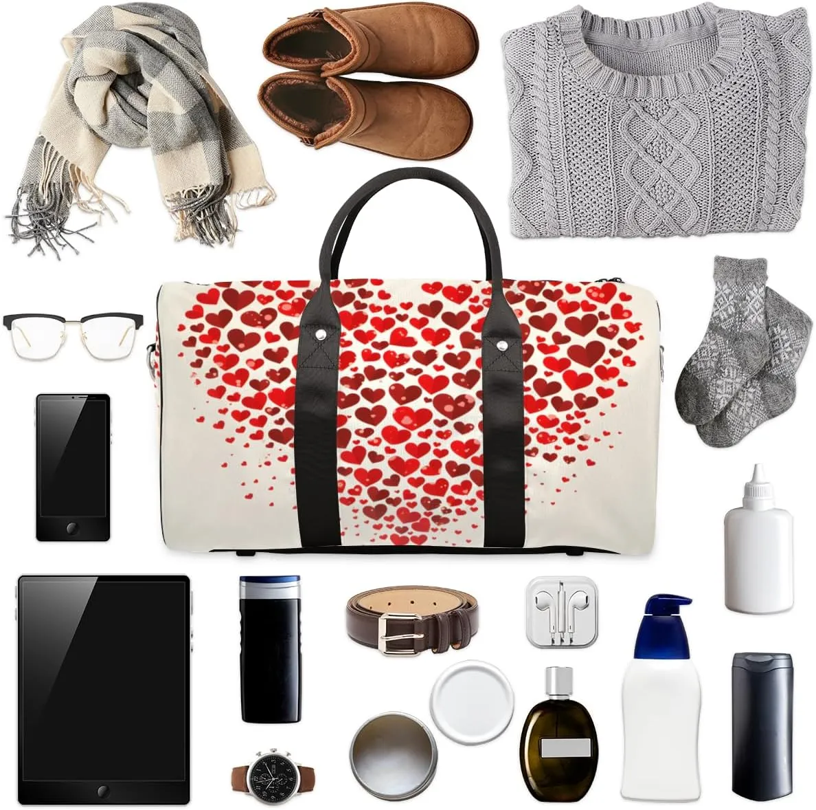 Red Hearts Travel Duffle Bag for Women Men Gym Duffel Foldable Bag Waterproof Weekender Love Pattern Duffle Tote