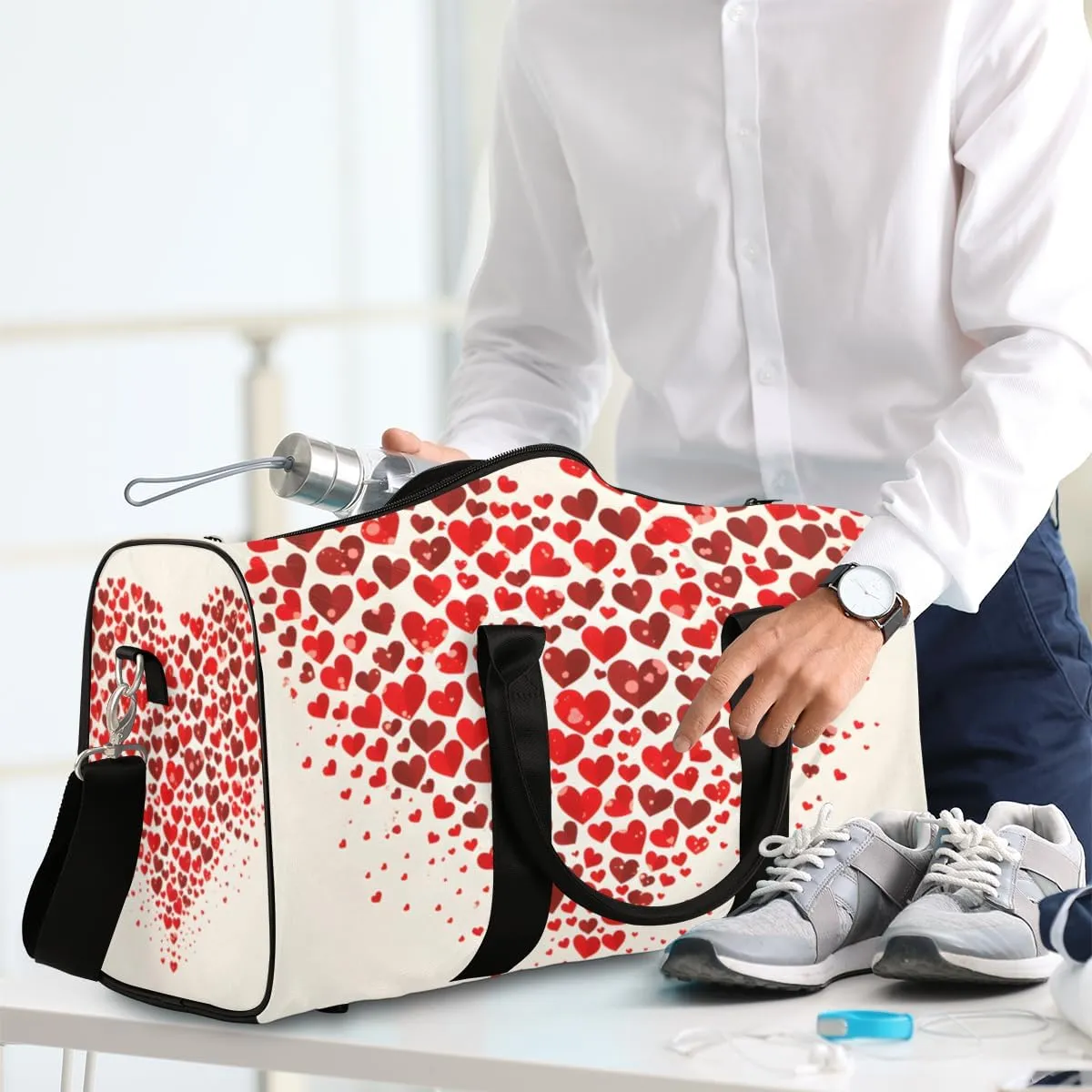 Red Hearts Travel Duffle Bag for Women Men Gym Duffel Foldable Bag Waterproof Weekender Love Pattern Duffle Tote