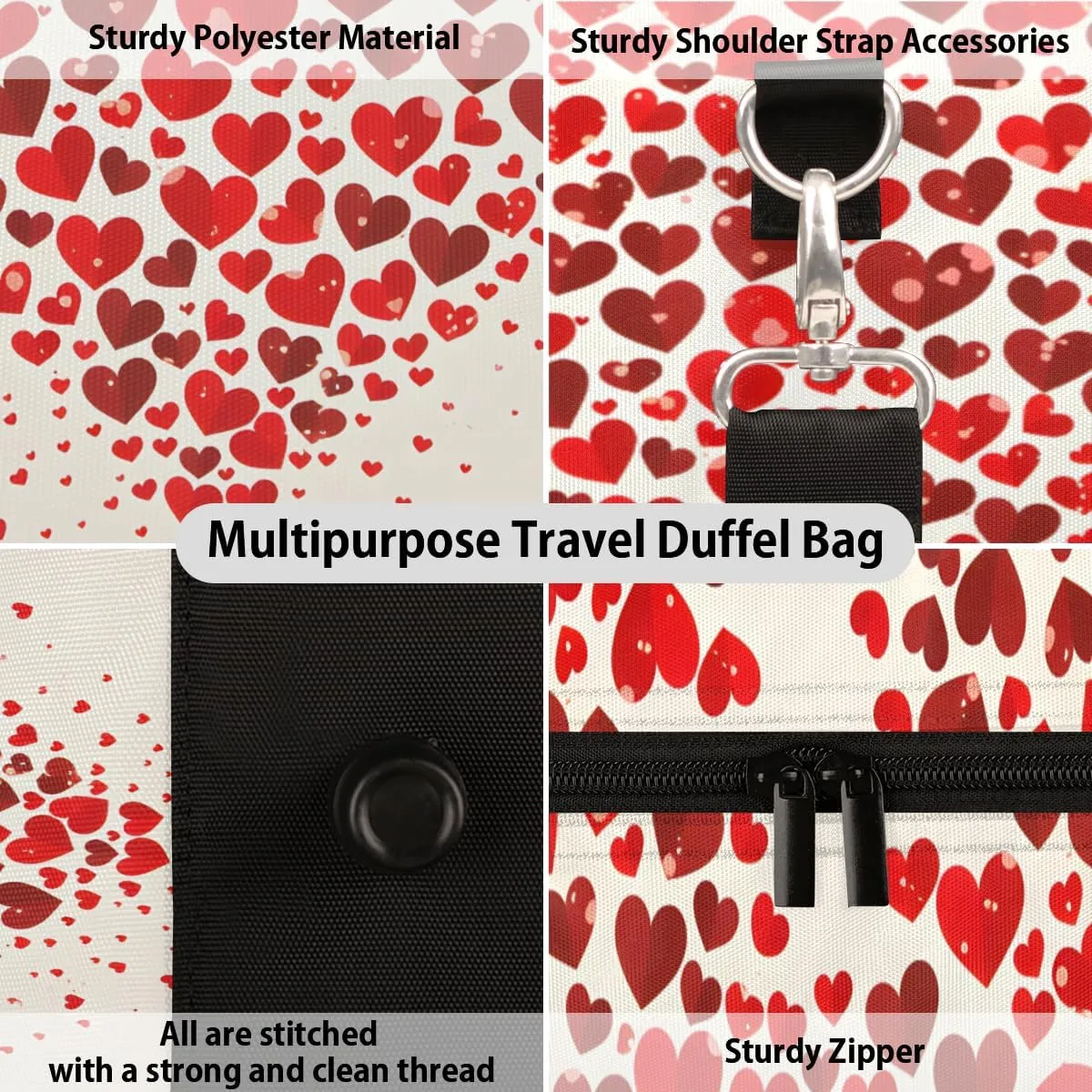 Red Hearts Travel Duffle Bag for Women Men Gym Duffel Foldable Bag Waterproof Weekender Love Pattern Duffle Tote