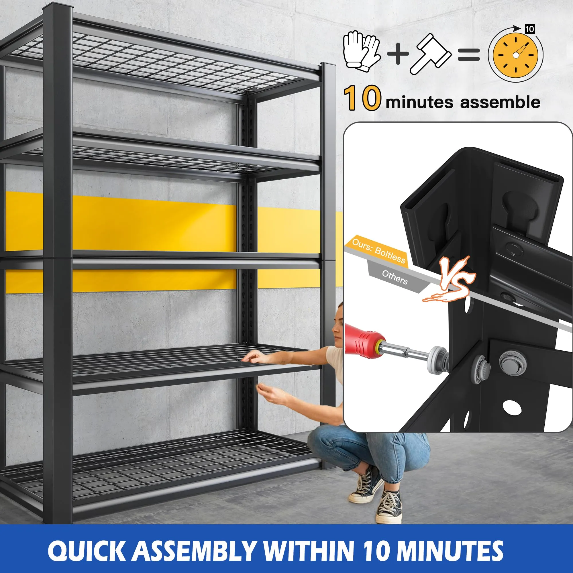 REIBII Garage Shelving, 72" Garage Storage Shelves Heavy Duty Shelving Units and Storage Loads 2000LBS, Adjustable 5 Tier Metal Shelving for Garage