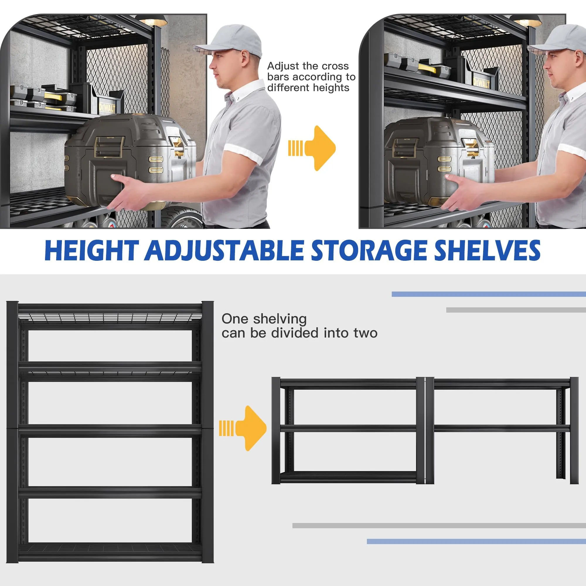 REIBII Garage Shelving, 72" Garage Storage Shelves Heavy Duty Shelving Units and Storage Loads 2000LBS, Adjustable 5 Tier Metal Shelving for Garage