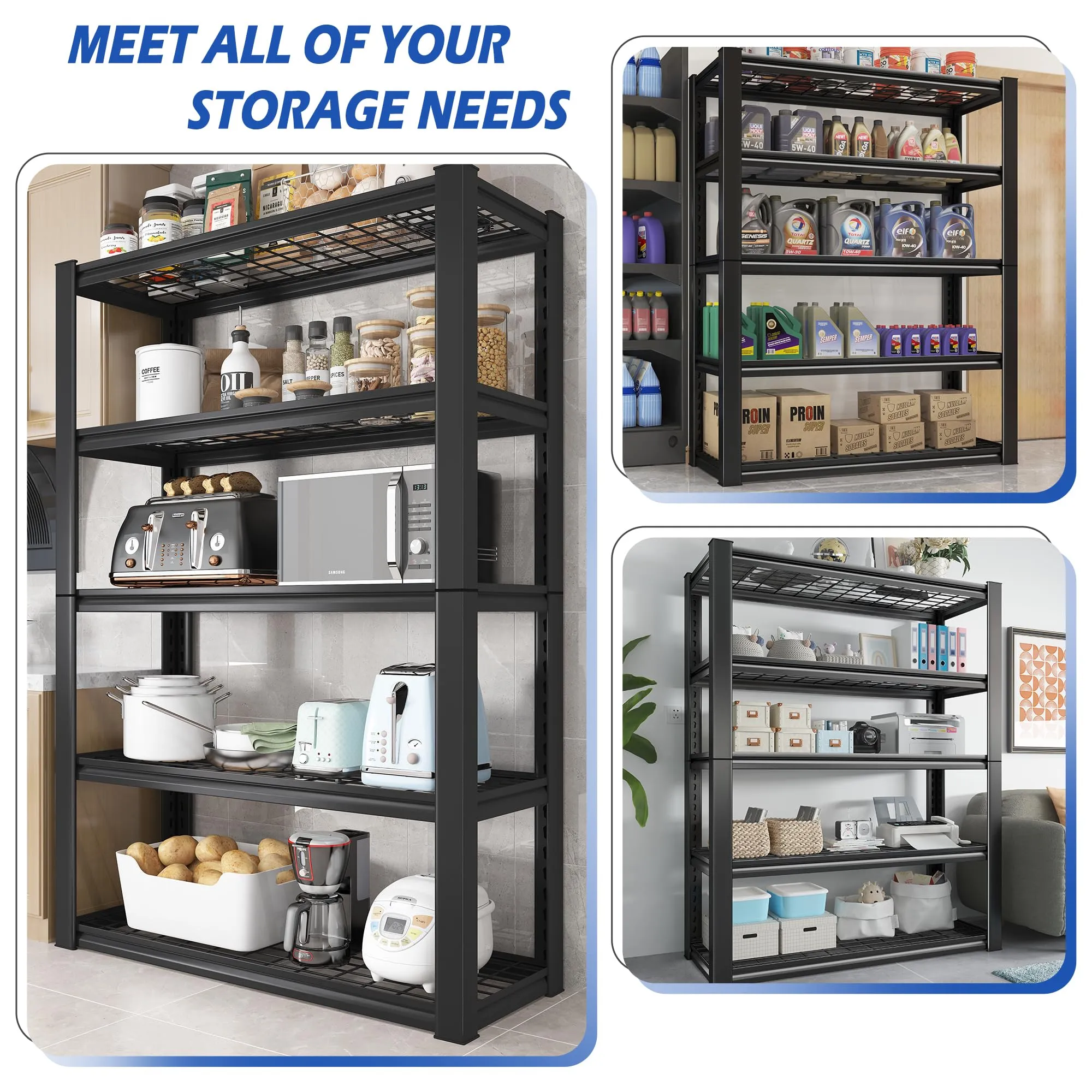 REIBII Garage Shelving, 72" Garage Storage Shelves Heavy Duty Shelving Units and Storage Loads 2000LBS, Adjustable 5 Tier Metal Shelving for Garage