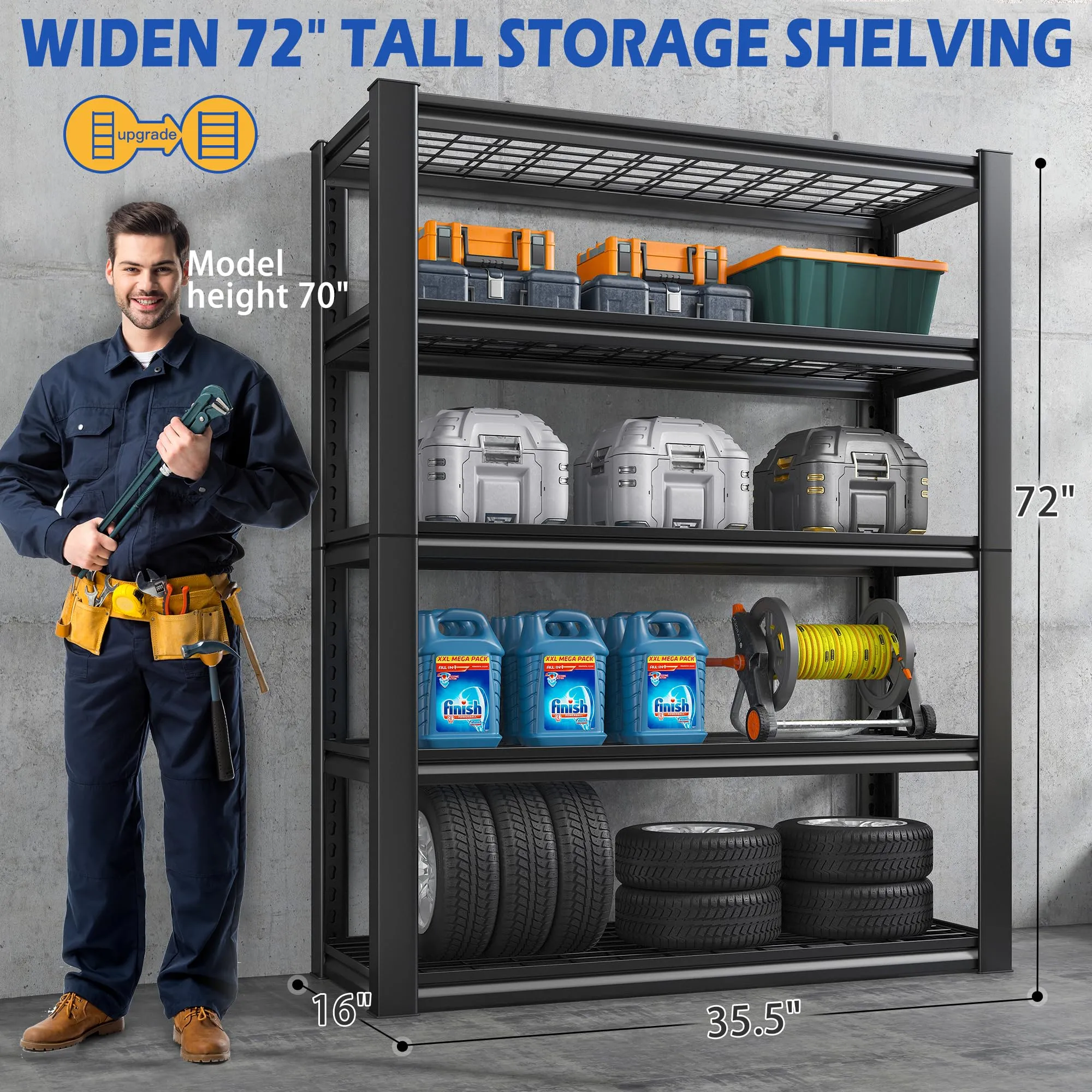 REIBII Garage Shelving, 72" Garage Storage Shelves Heavy Duty Shelving Units and Storage Loads 2000LBS, Adjustable 5 Tier Metal Shelving for Garage