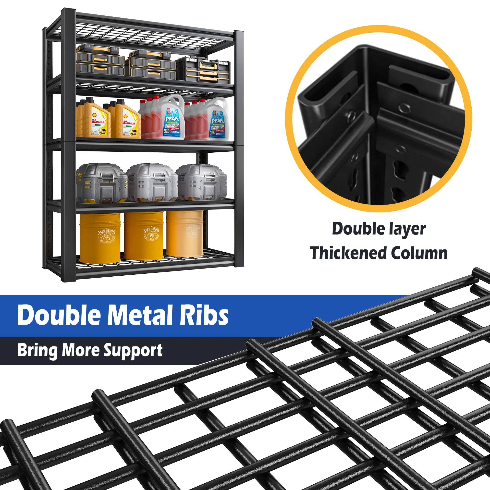 REIBII Garage Shelving, 72" Garage Storage Shelves Heavy Duty Shelving Units and Storage Loads 2000LBS, Adjustable 5 Tier Metal Shelving for Garage